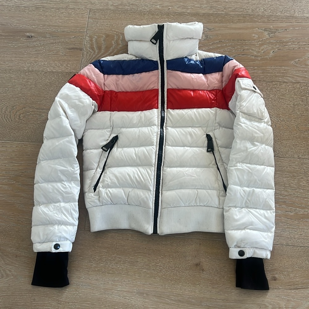 SAM. White Puffer Jacket with Red, Pink & Navy Stripes